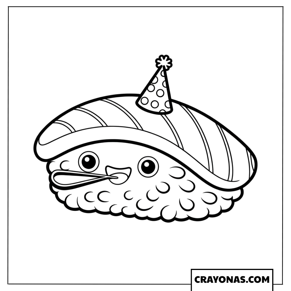 Kawaii Sushi with Party Hat Coloring Page