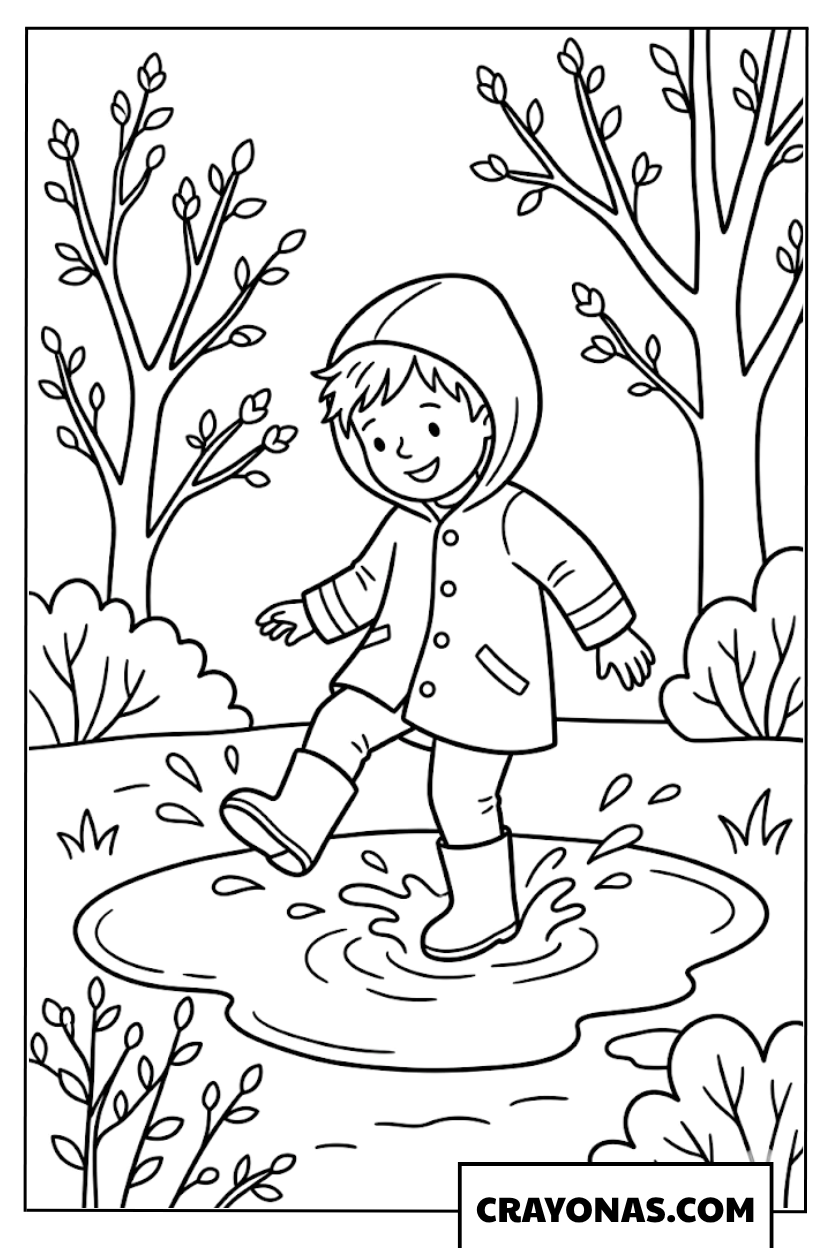 Kid Jumping in Puddle Coloring Page