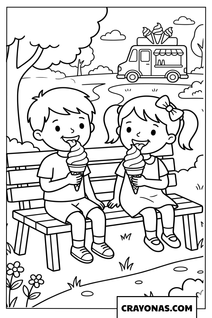 Kids Eating Ice Cream on Bench Coloring Page