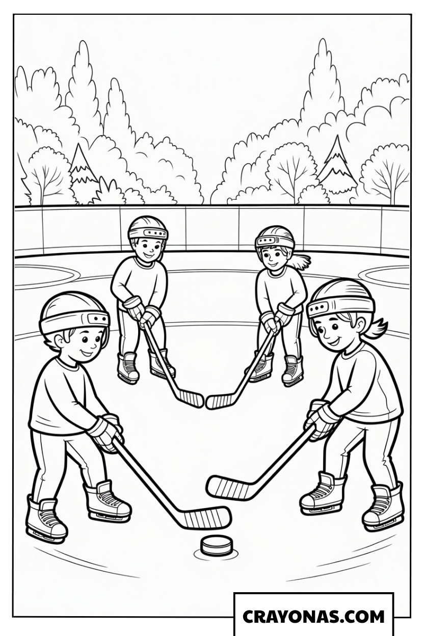 Kids Playing Ice Hockey Coloring Page