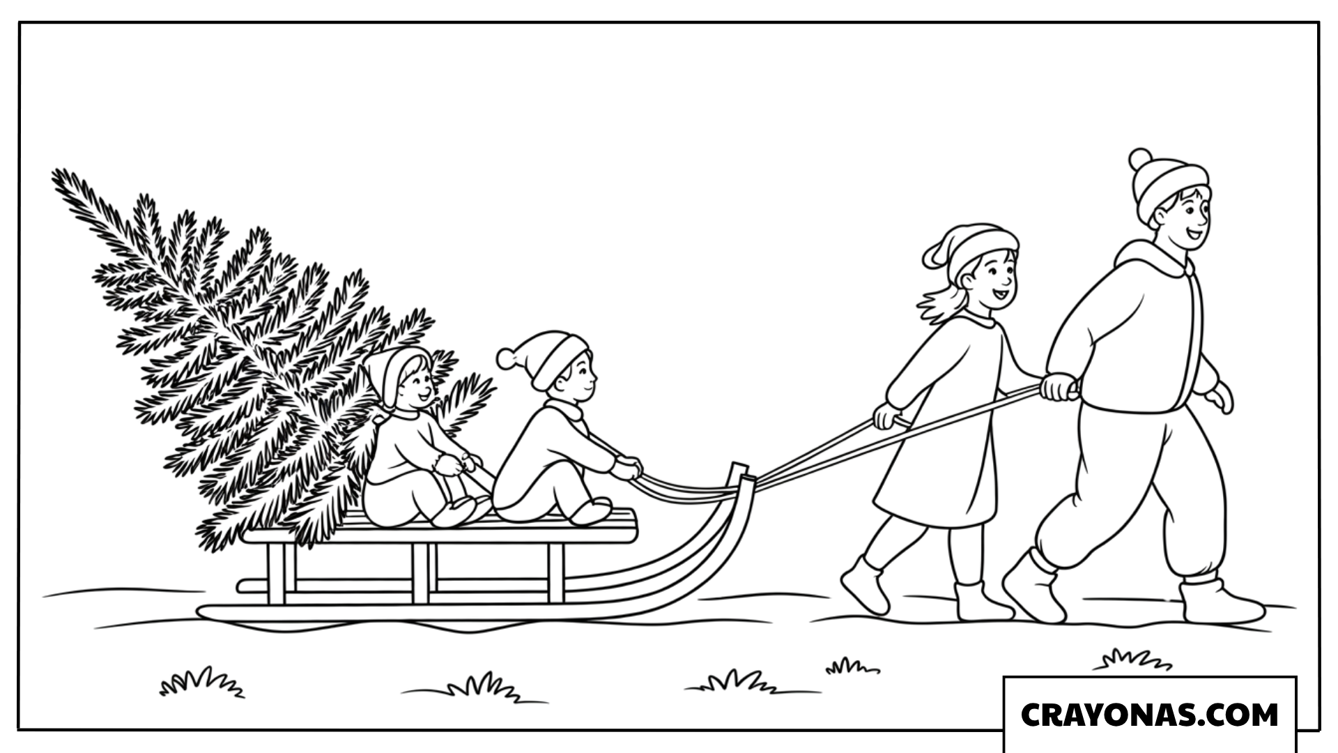 Kids Pulling Christmas Tree Sled Coloring Page
