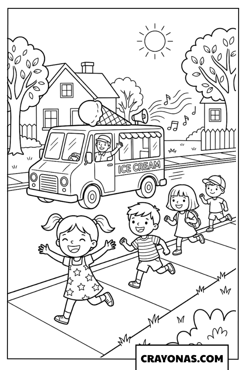 Kids Running Towards Ice Cream Truck Coloring Page