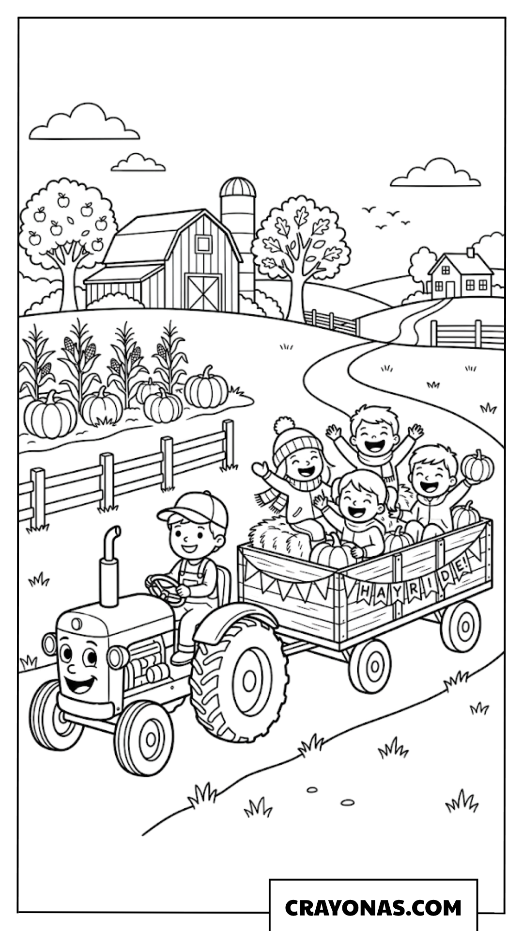 Kids on Tractor Wagon in Pumpkin Patch Coloring Page