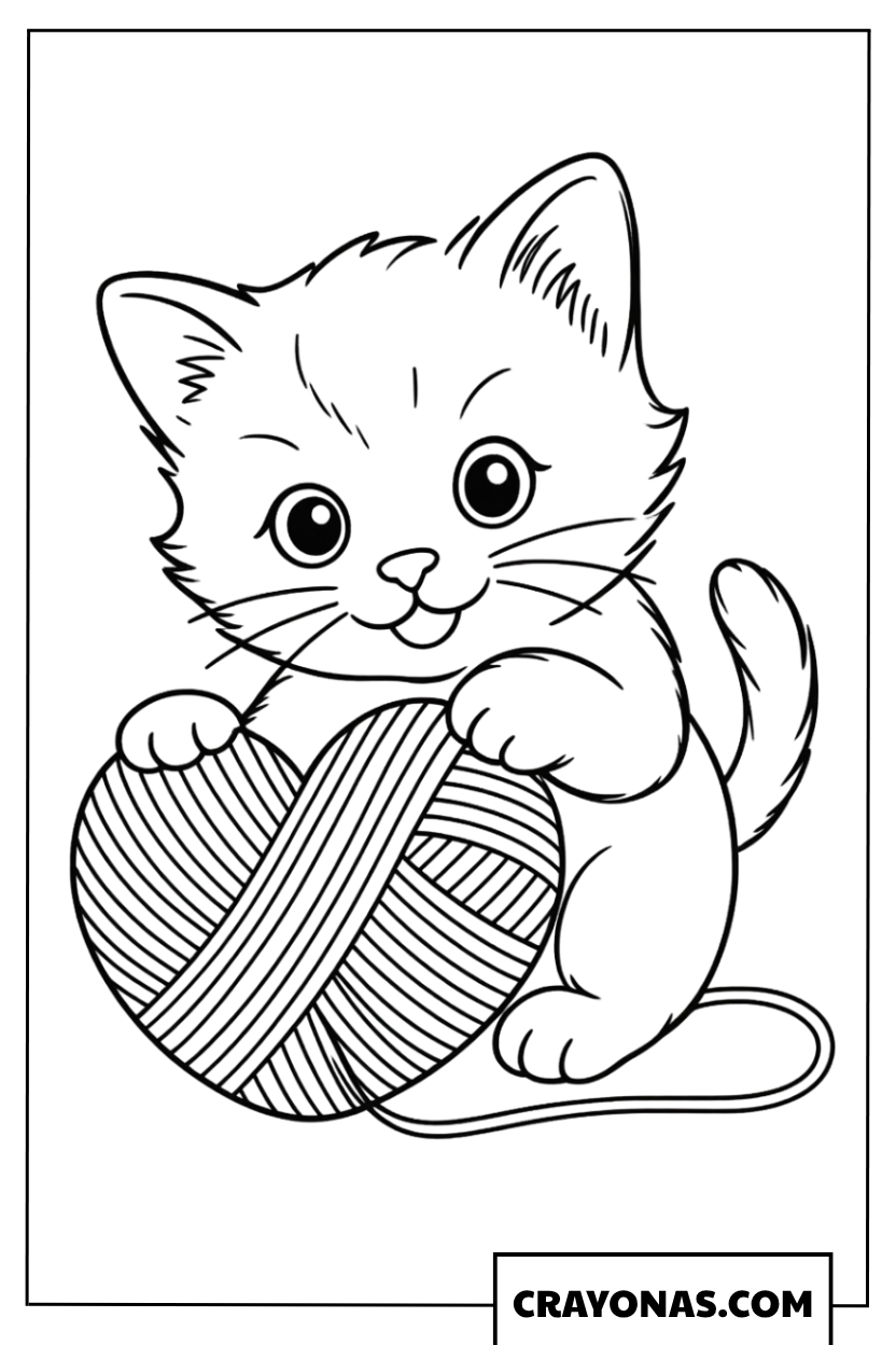 Kitten Valentine Yarn Coloring Page