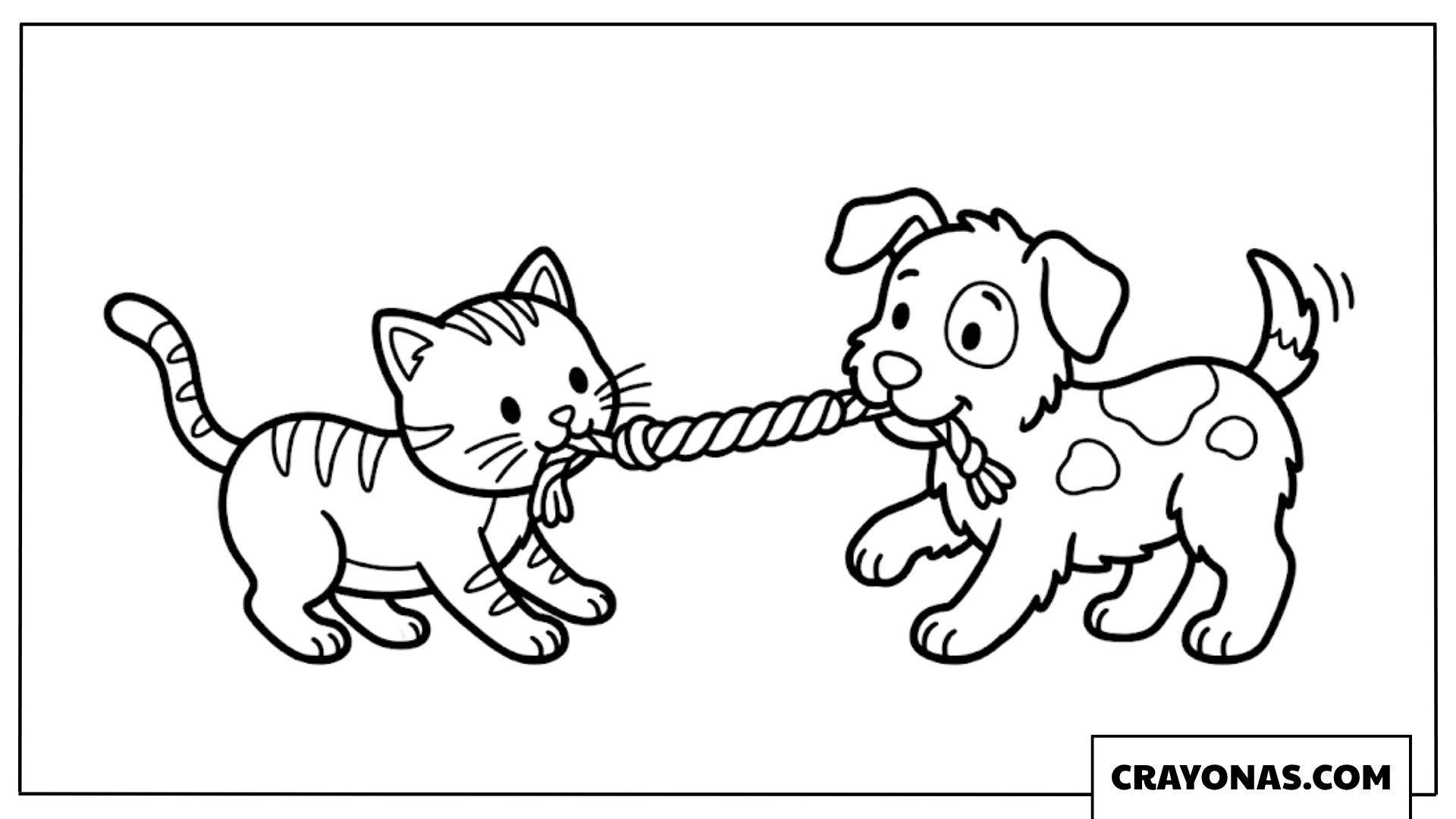Kitten and Puppy Tug of War Coloring Page