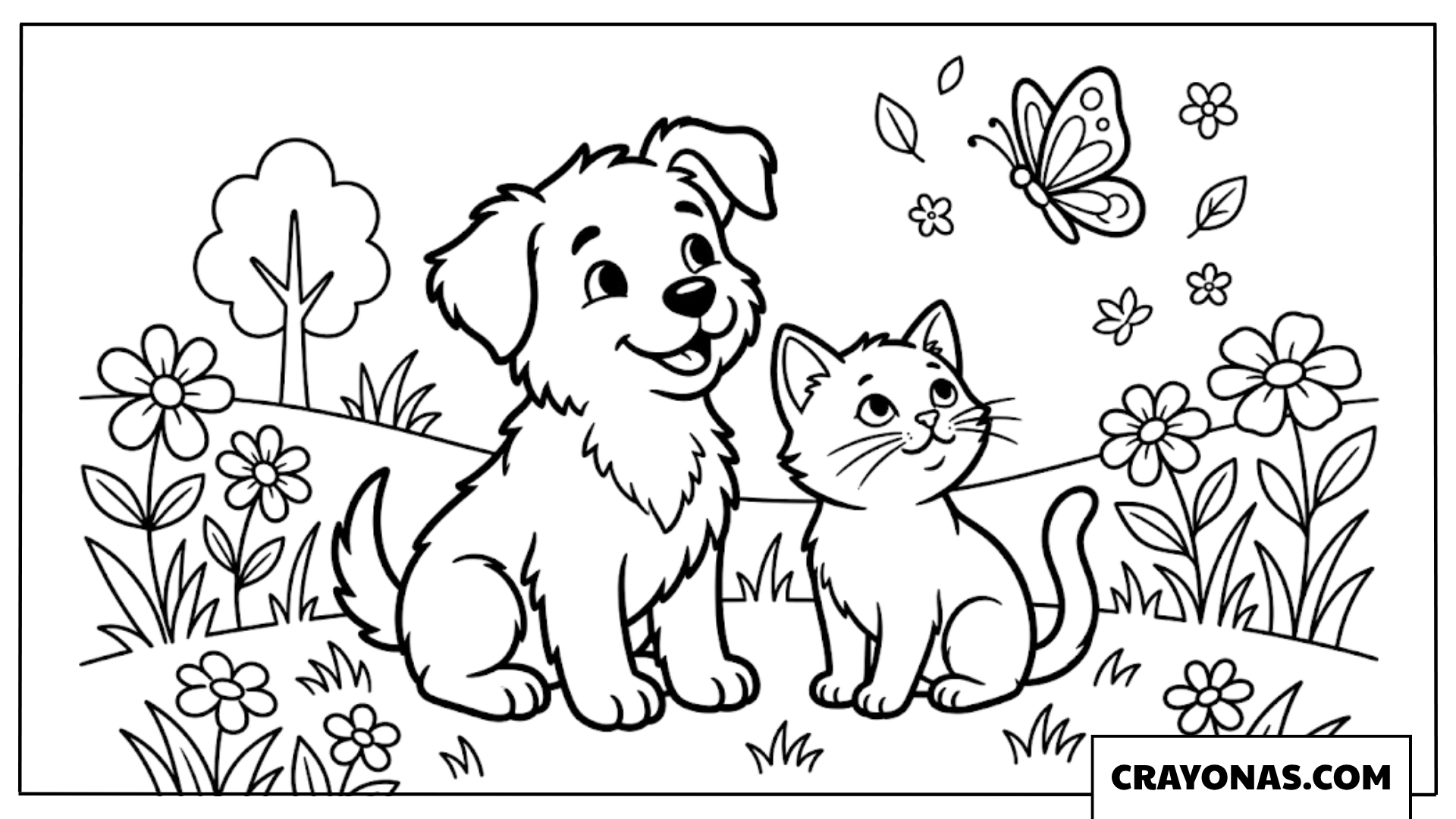 Kitten and Puppy in Garden Coloring Page