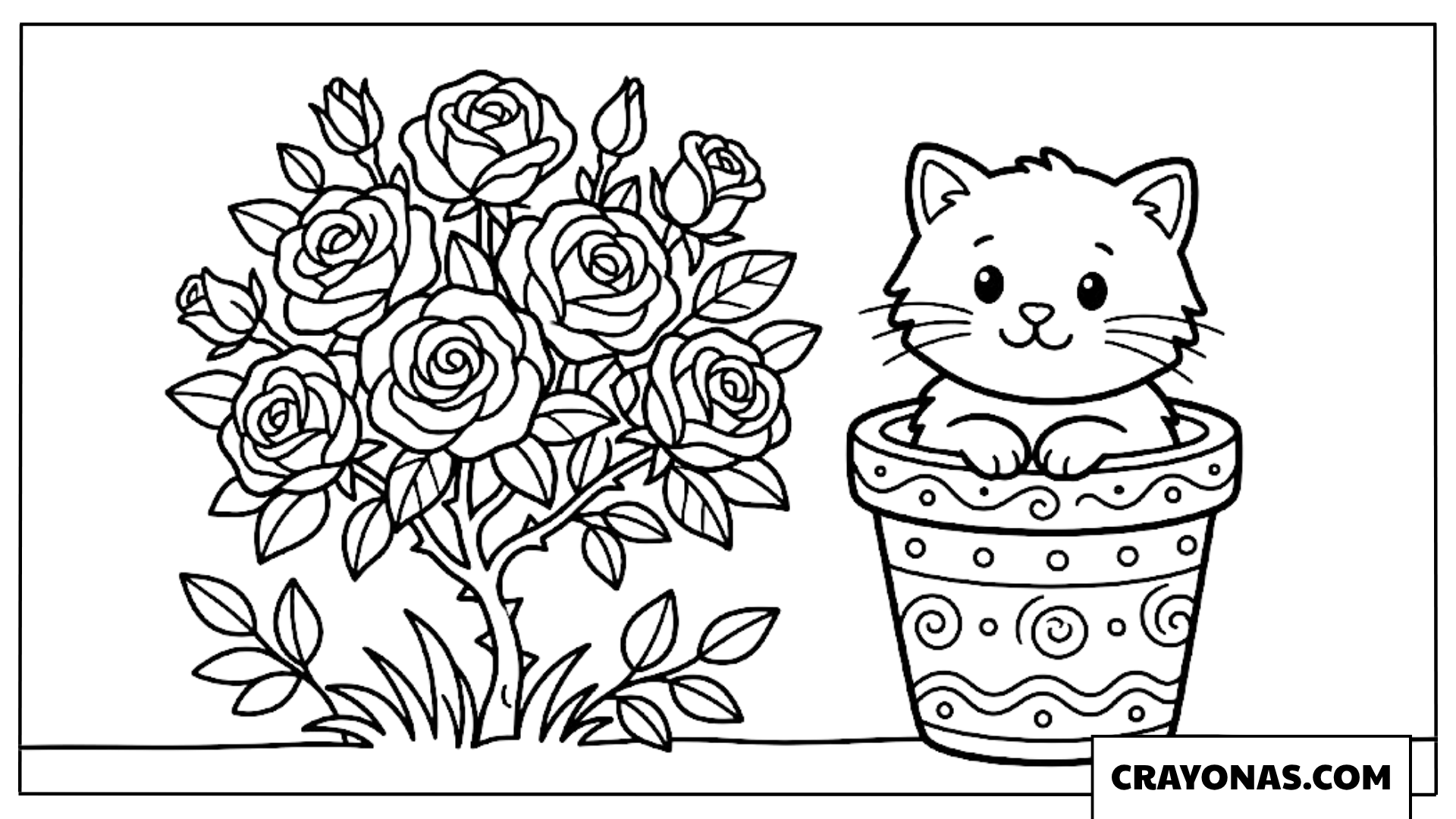 Kitten in Flower Pot with Roses Coloring Page