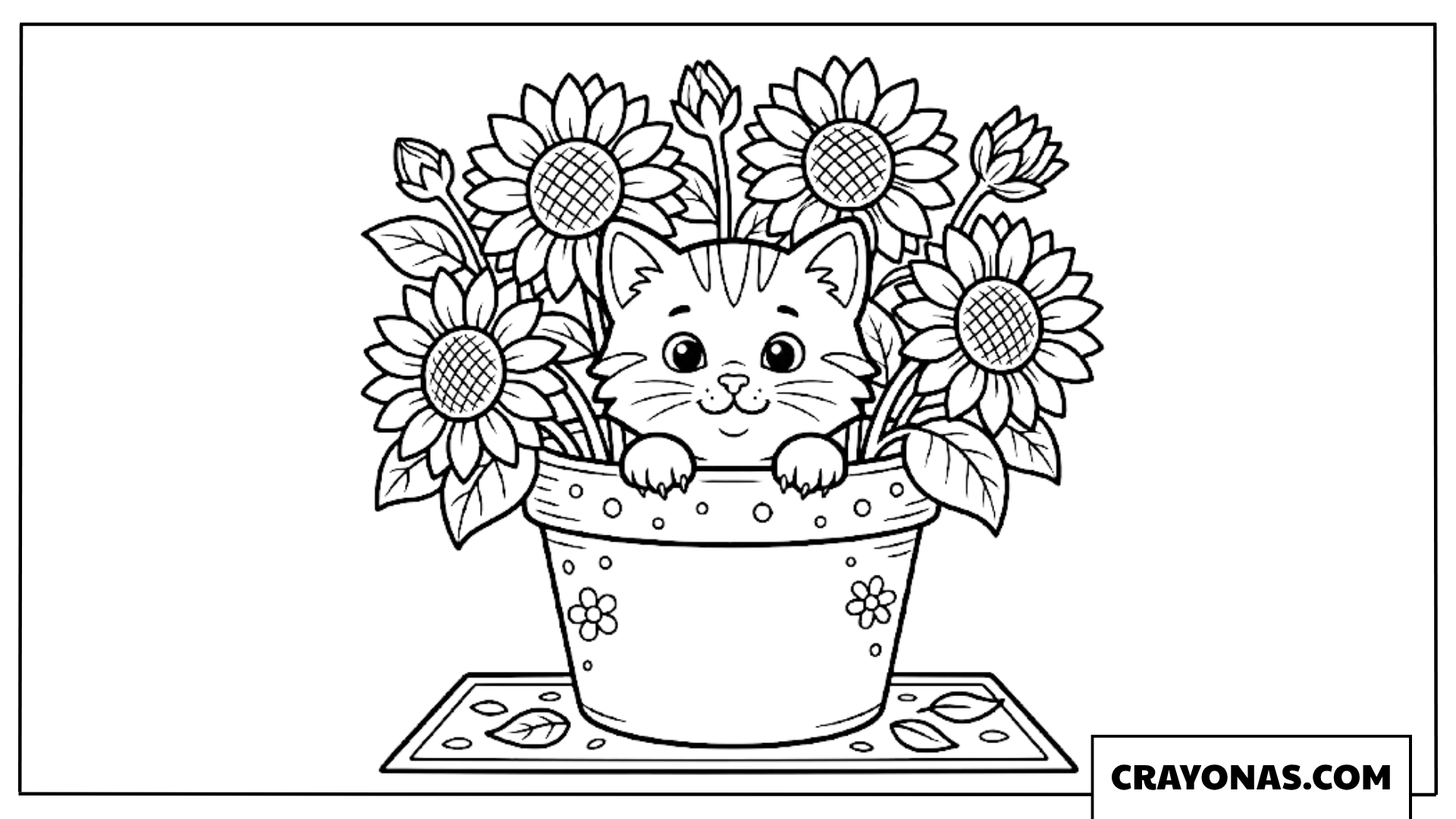 Kitten in Sunflower Pot Coloring Page
