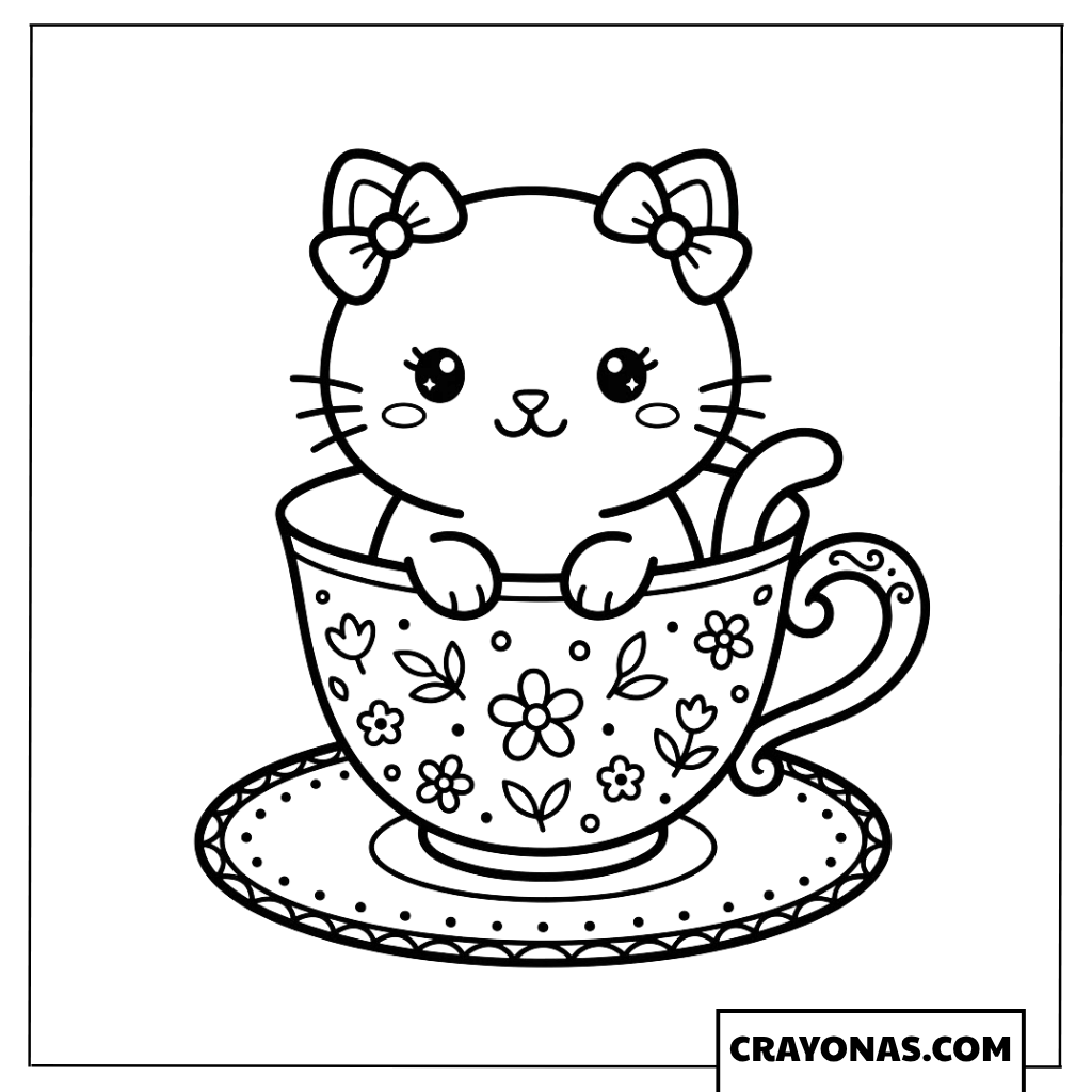 Kawaii kitten sitting in floral teacup coloring page