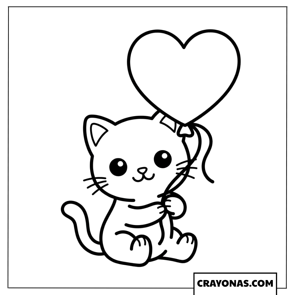 Adorable kitten holding heart balloon coloring page