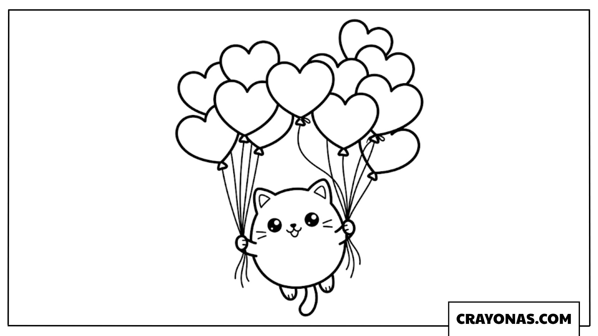 Kitten with Heart Balloons Coloring Page