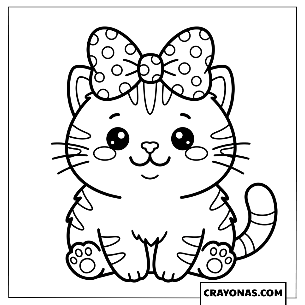 Cute kitten with large polka dot bow coloring page