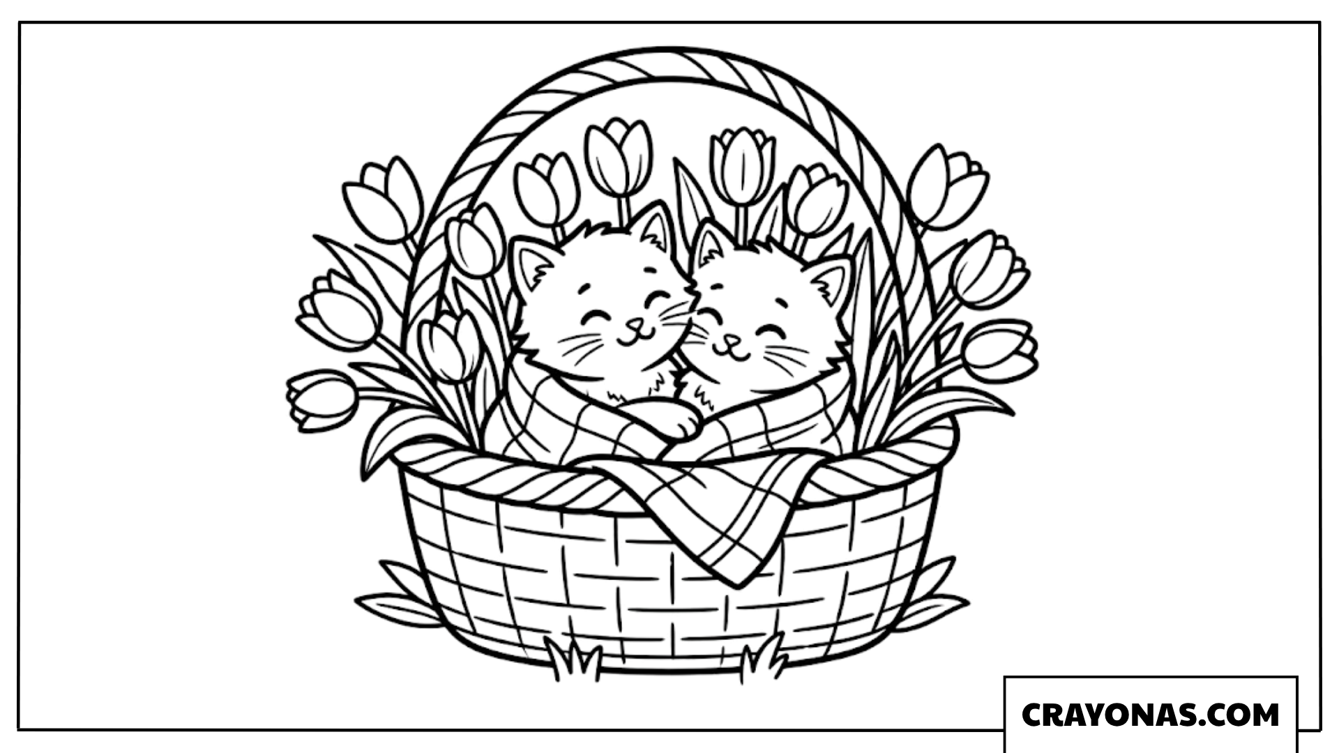 Kittens in Tulip Basket Coloring Page