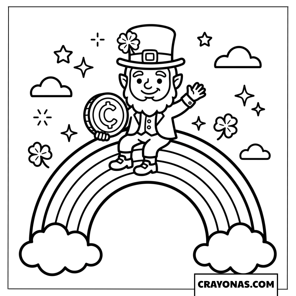 Leprechaun on Rainbow Coloring Page