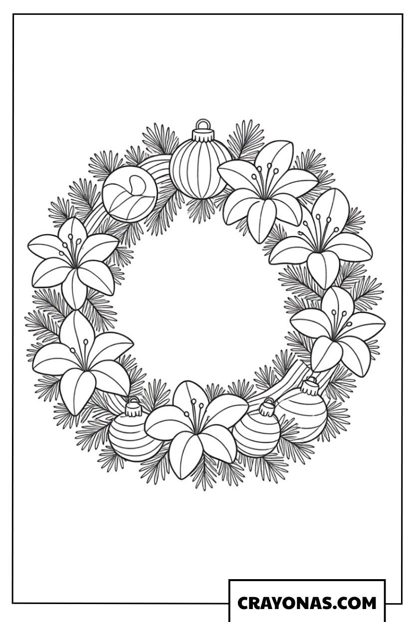 Lilies and Ornaments Christmas Wreath Coloring Page