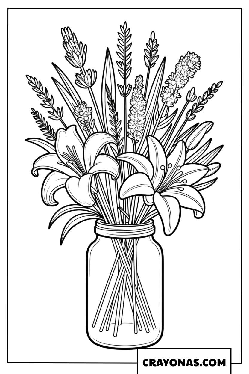 Lily and Lavender Bouquet in Jar Coloring Page
