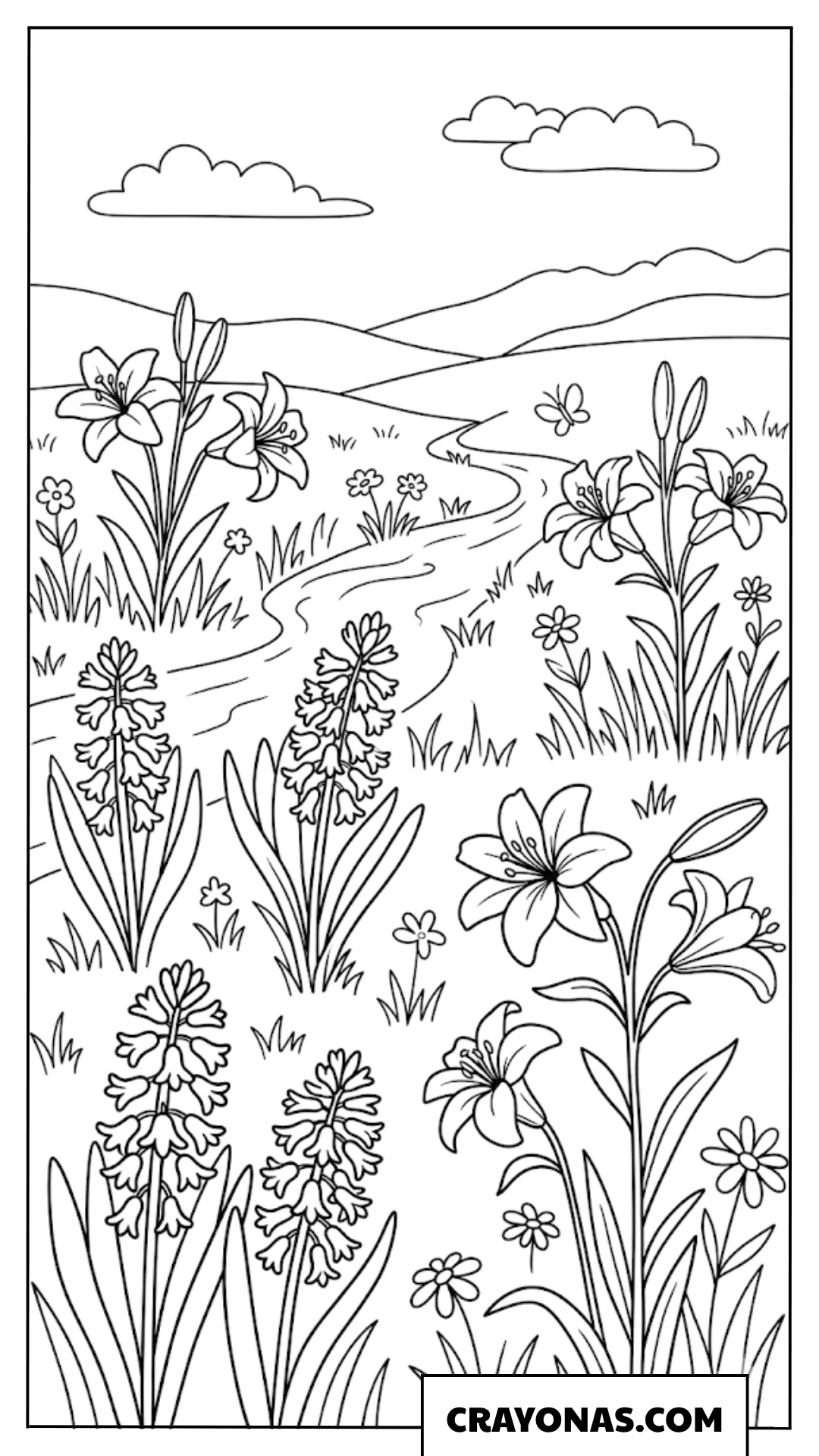 Lily and Wildflower River Scene Coloring Page