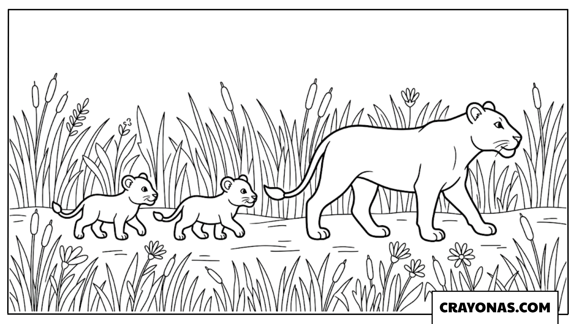Lioness Walking with Cubs Coloring Page