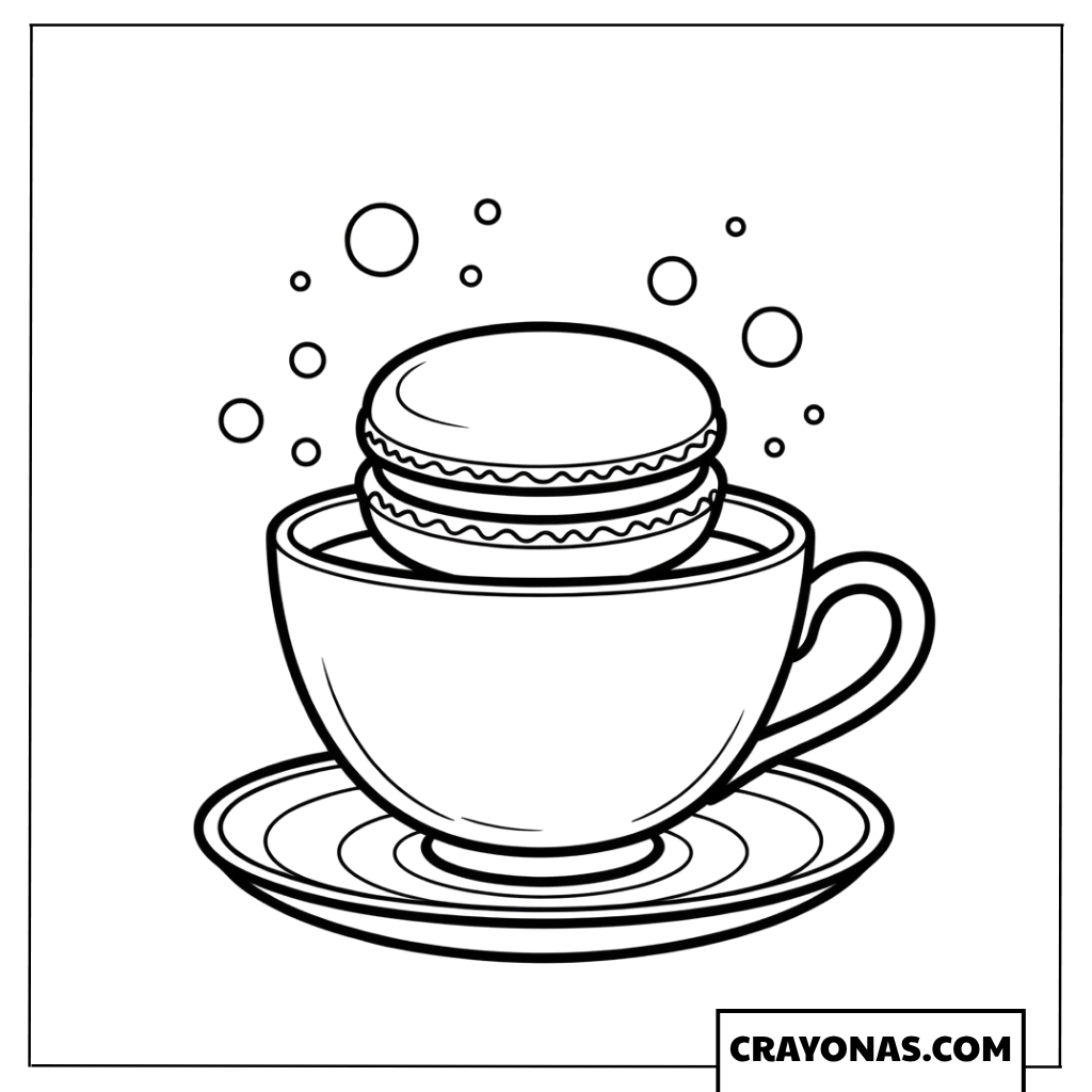 Macaron on Teacup with Hearts Coloring Page