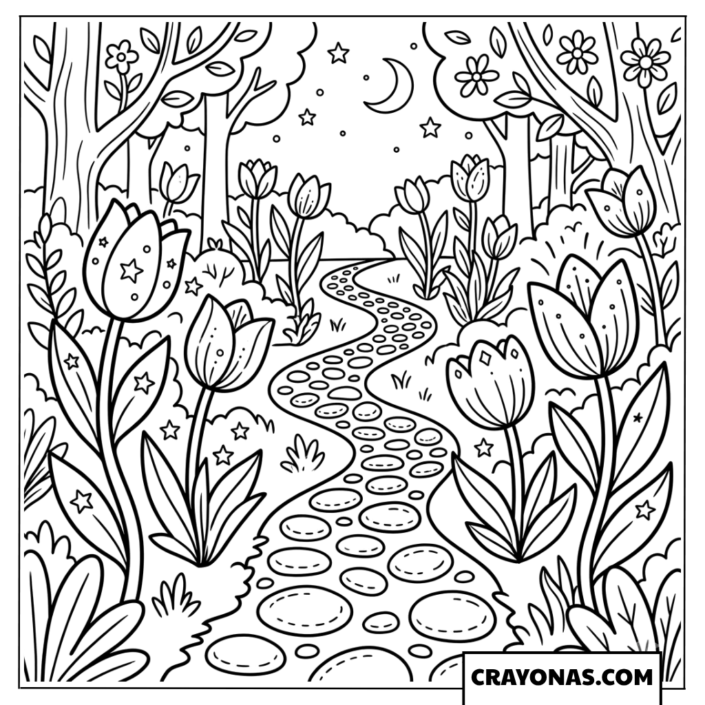 Magical Fairy Garden Path at Night Coloring Page