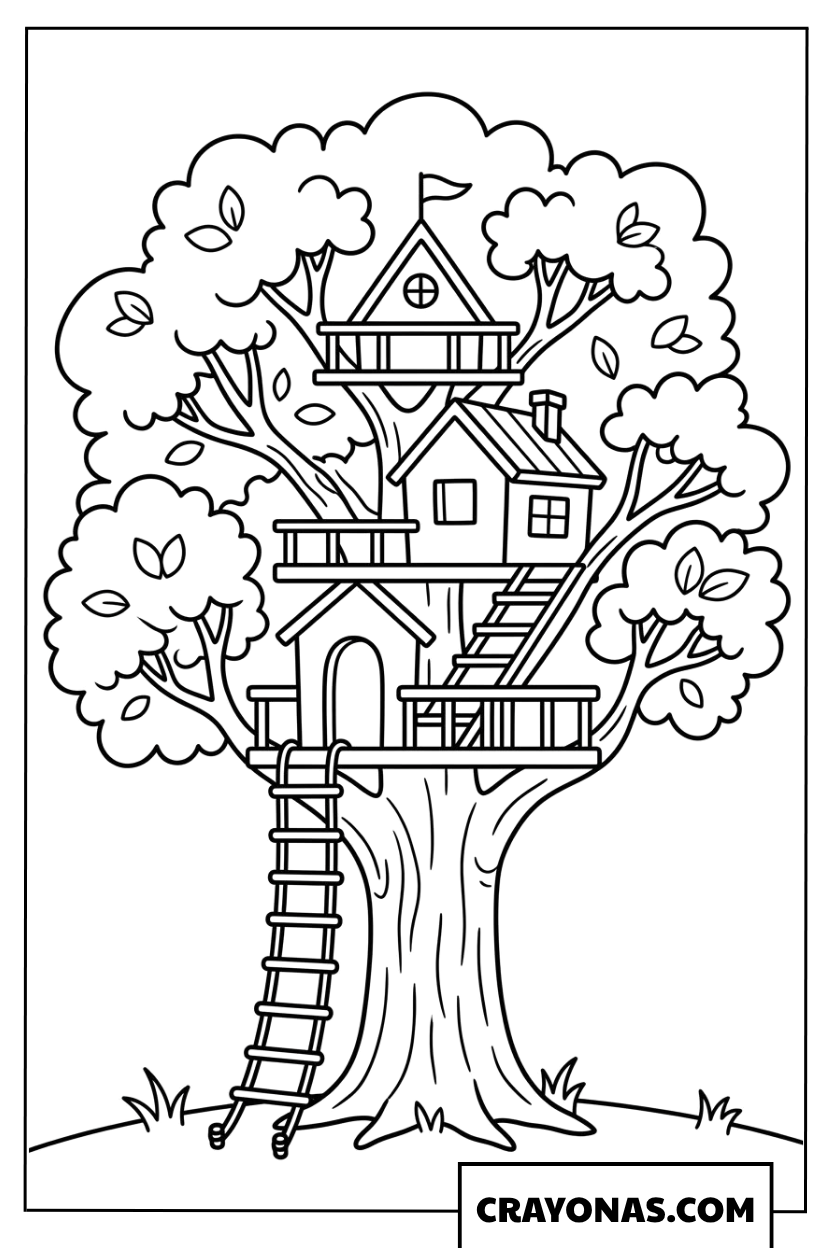 Magical Multi-Level Treehouse Coloring Page