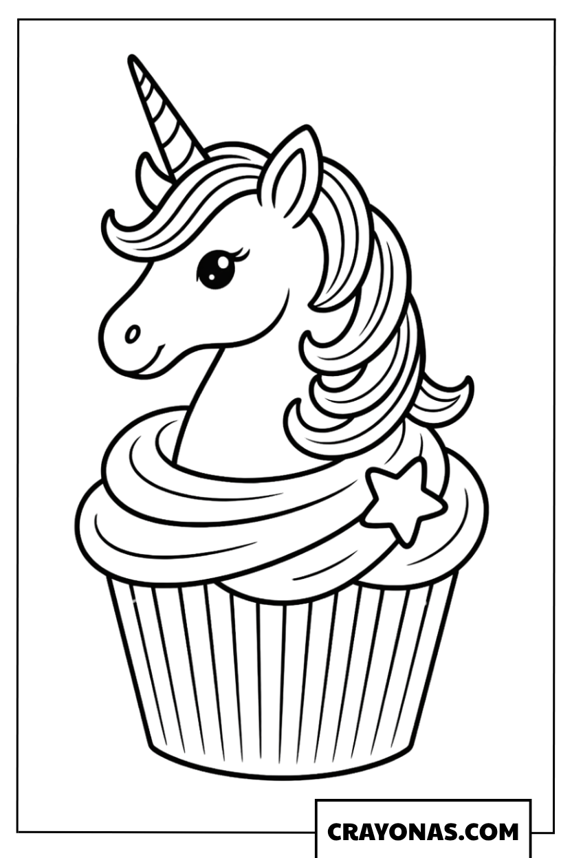 Magical Unicorn Cupcake with Star Coloring Page