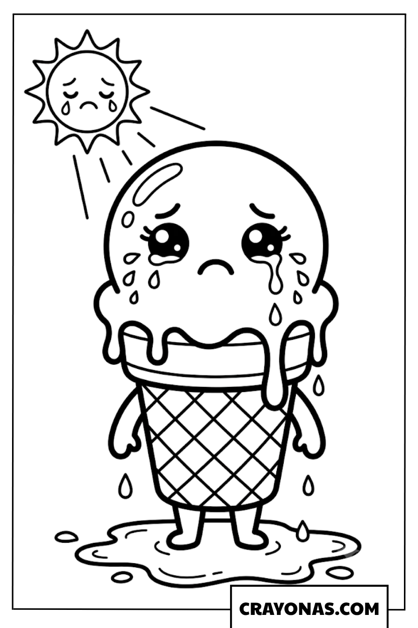 Melting Kawaii Ice Cream Cone Coloring Page