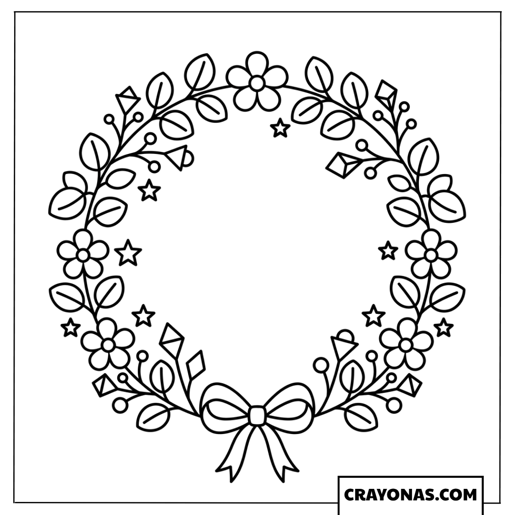 Modern Star Floral Christmas Wreath Coloring Page