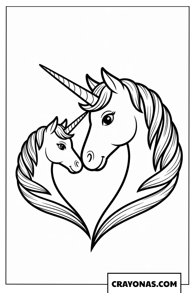 Mother Baby Unicorn Heart Coloring Page