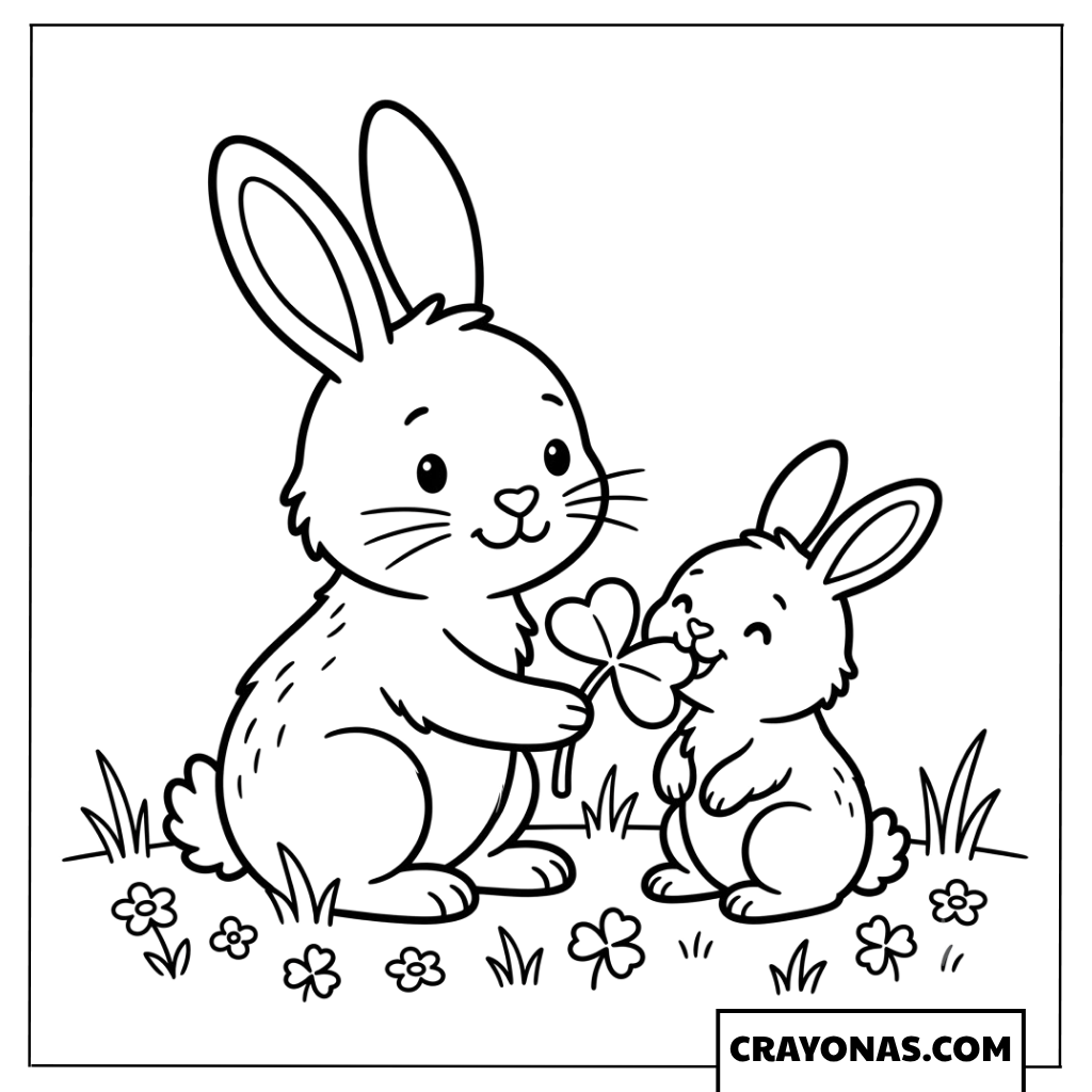 Mother Bunny Sharing Flower with Baby Coloring Page