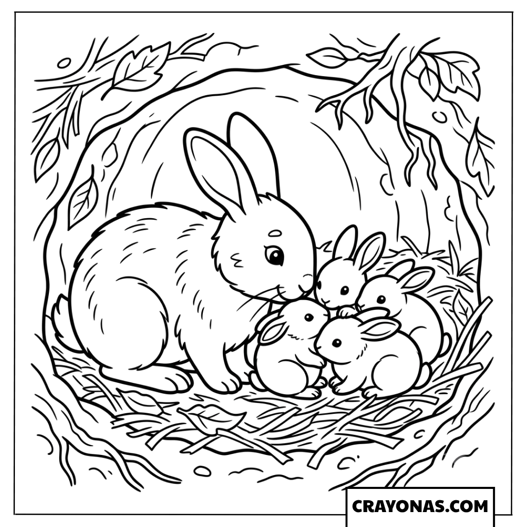 Mother Bunny with Babies in Nest Coloring Page