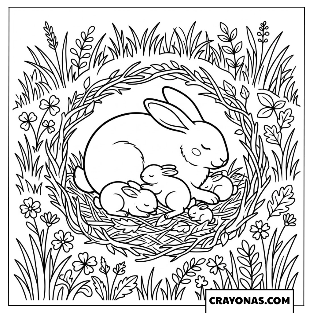 Mother Bunny with Babies in Nest Coloring Page