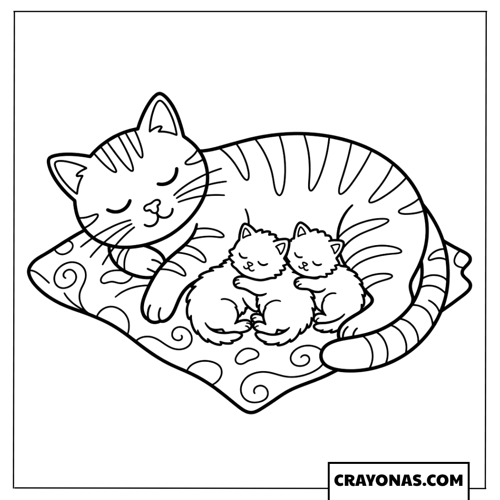 Mother Cat with Sleeping Kittens Coloring Page