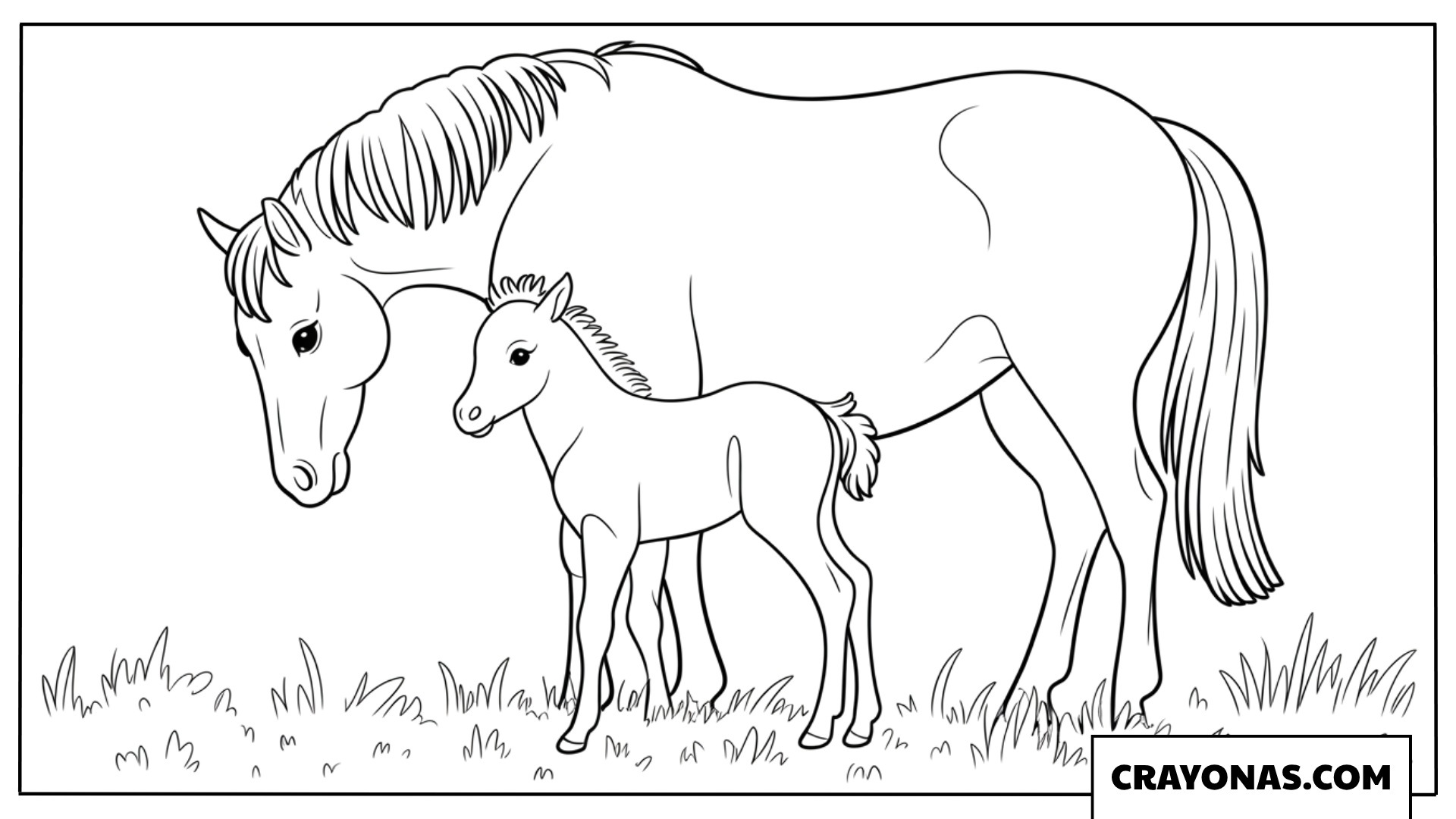 Mother Horse with Foal in Field Coloring Page