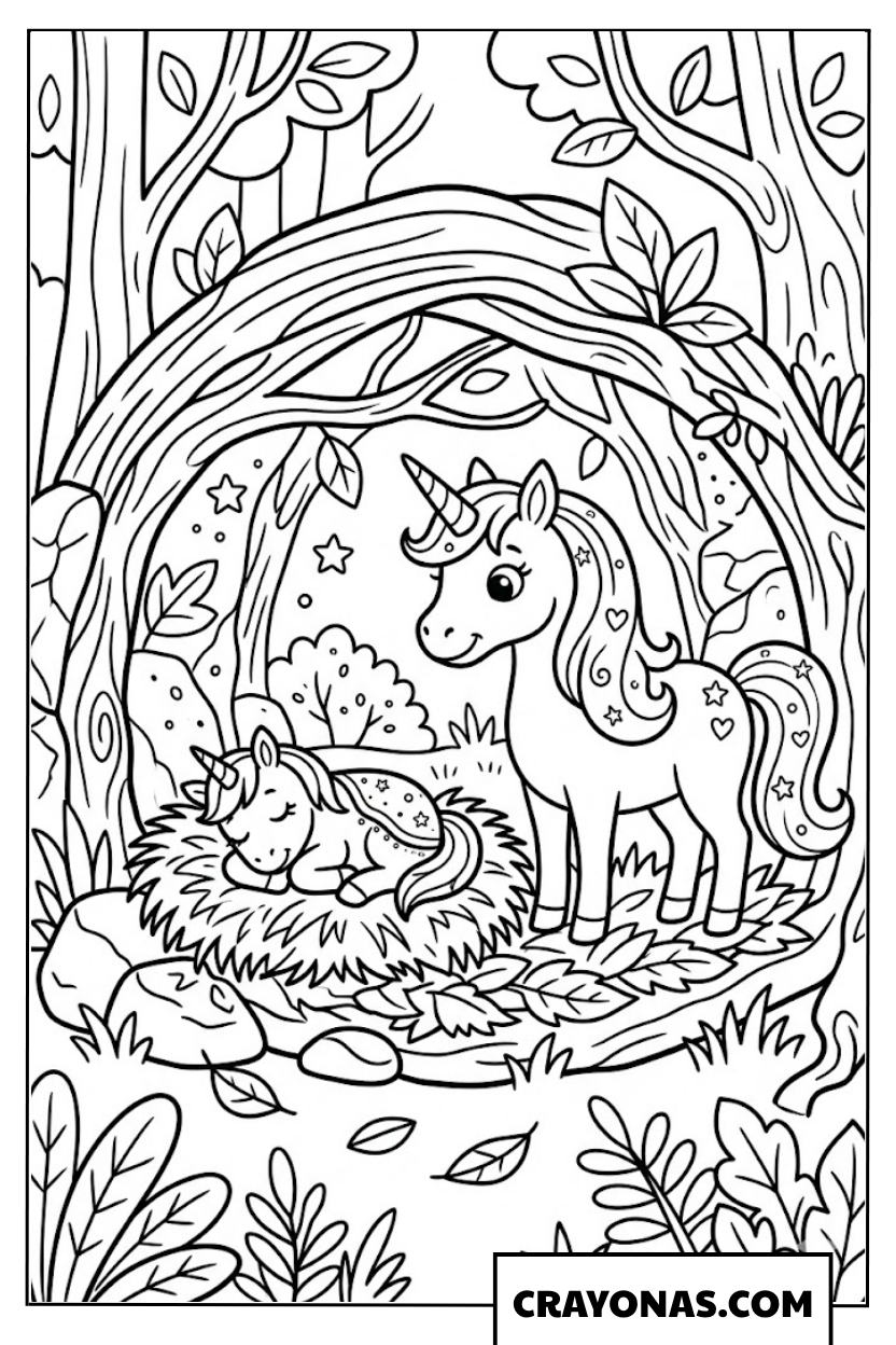 Mother Unicorn with Sleeping Baby Coloring Page