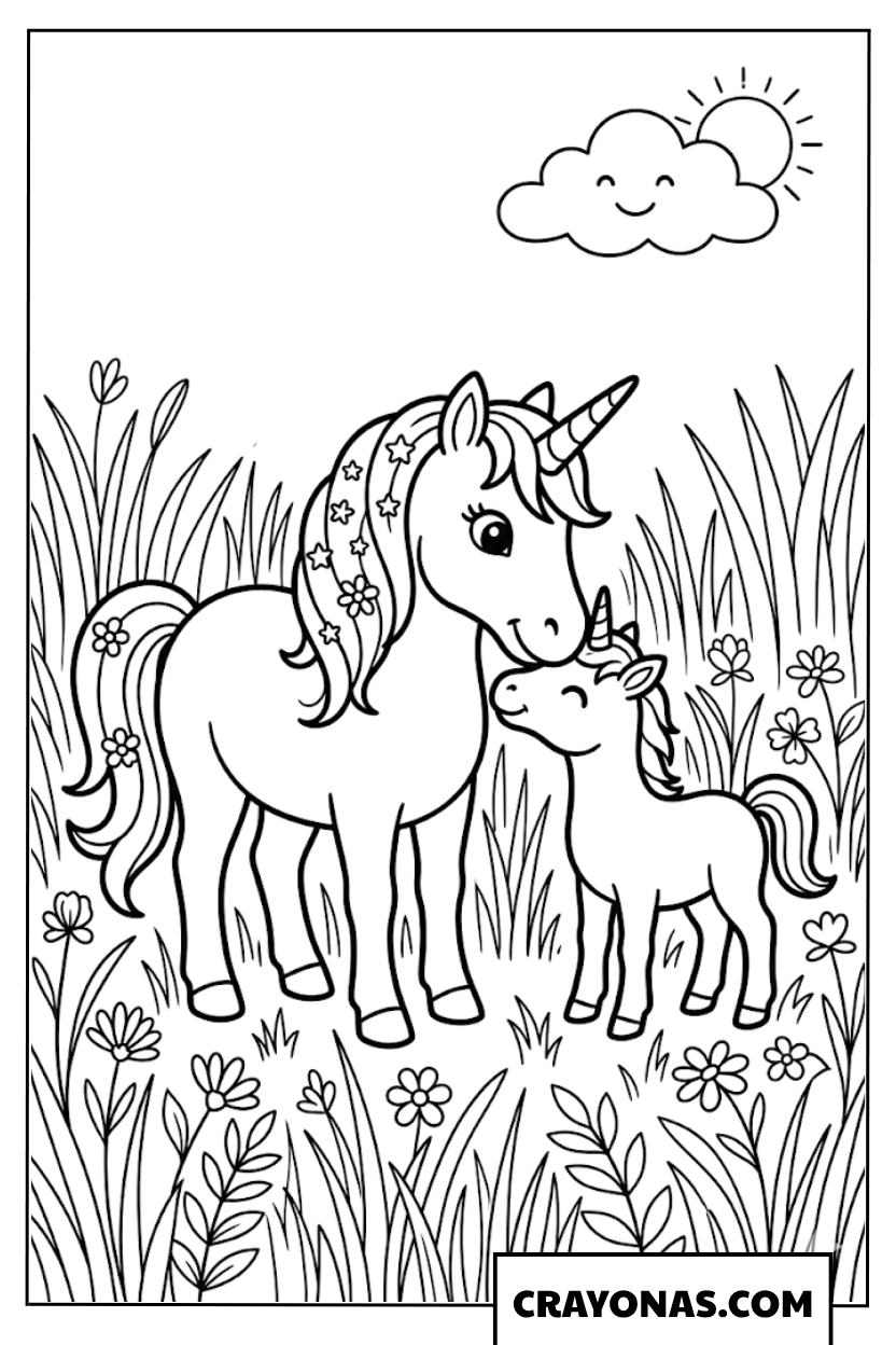Mother and Baby Unicorn Flower Field Coloring Page