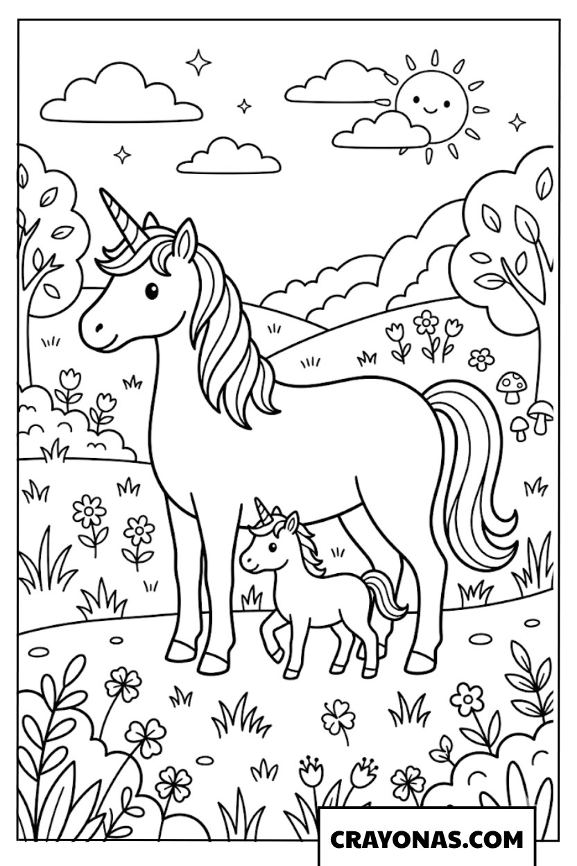 Mother and Baby Unicorn Meadow Coloring Page