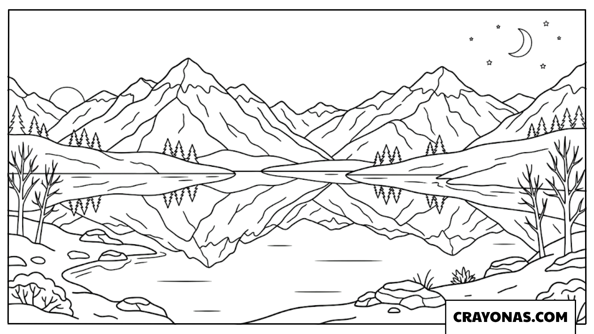 Mountain Lake Reflection at Night Coloring Page