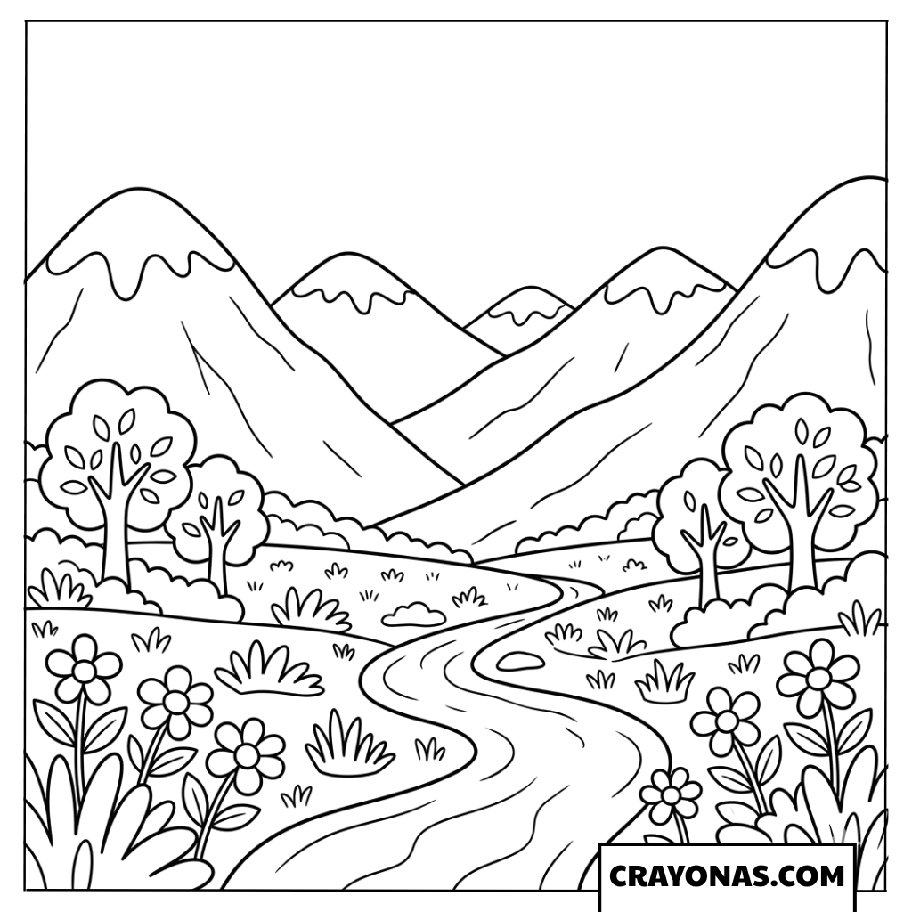 Mountain River Meadow Coloring Page