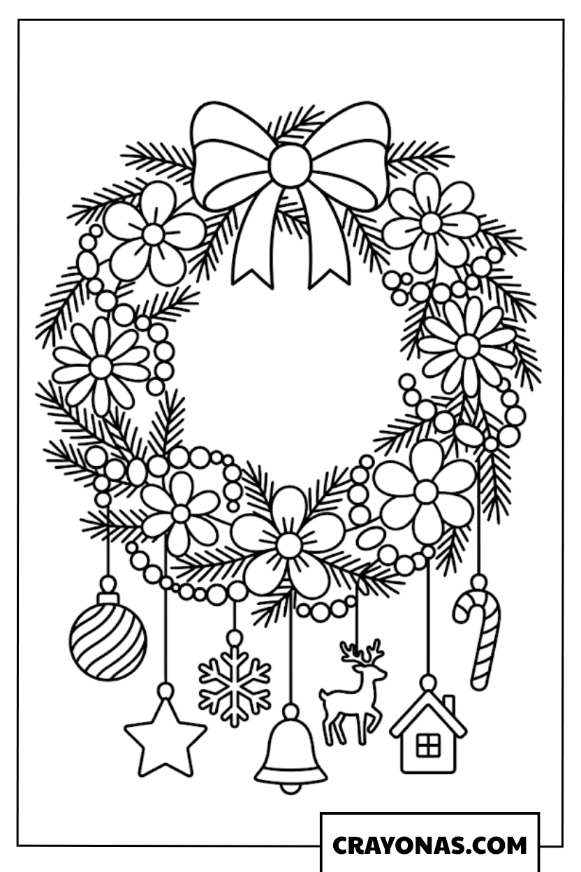 Ornaments and Bow Christmas Wreath Coloring Page