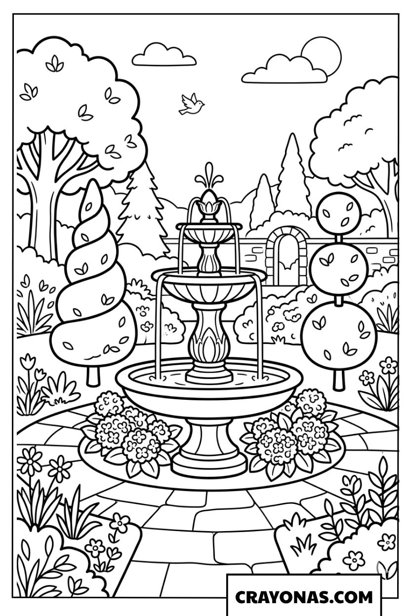 Ornate Garden Fountain Coloring Page