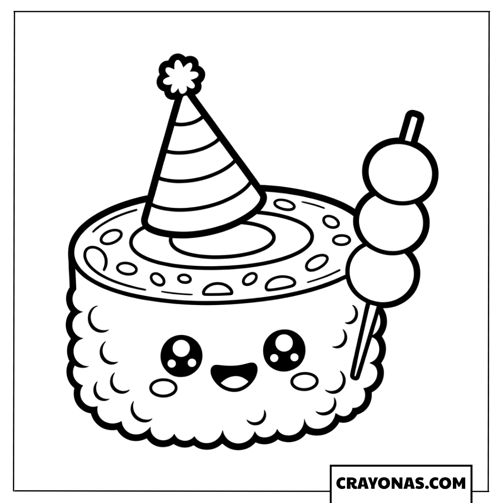 Party Sushi Roll with Hat Coloring Page