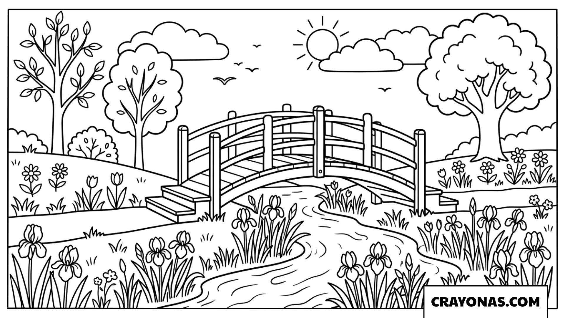 Peaceful Garden Bridge Coloring Page