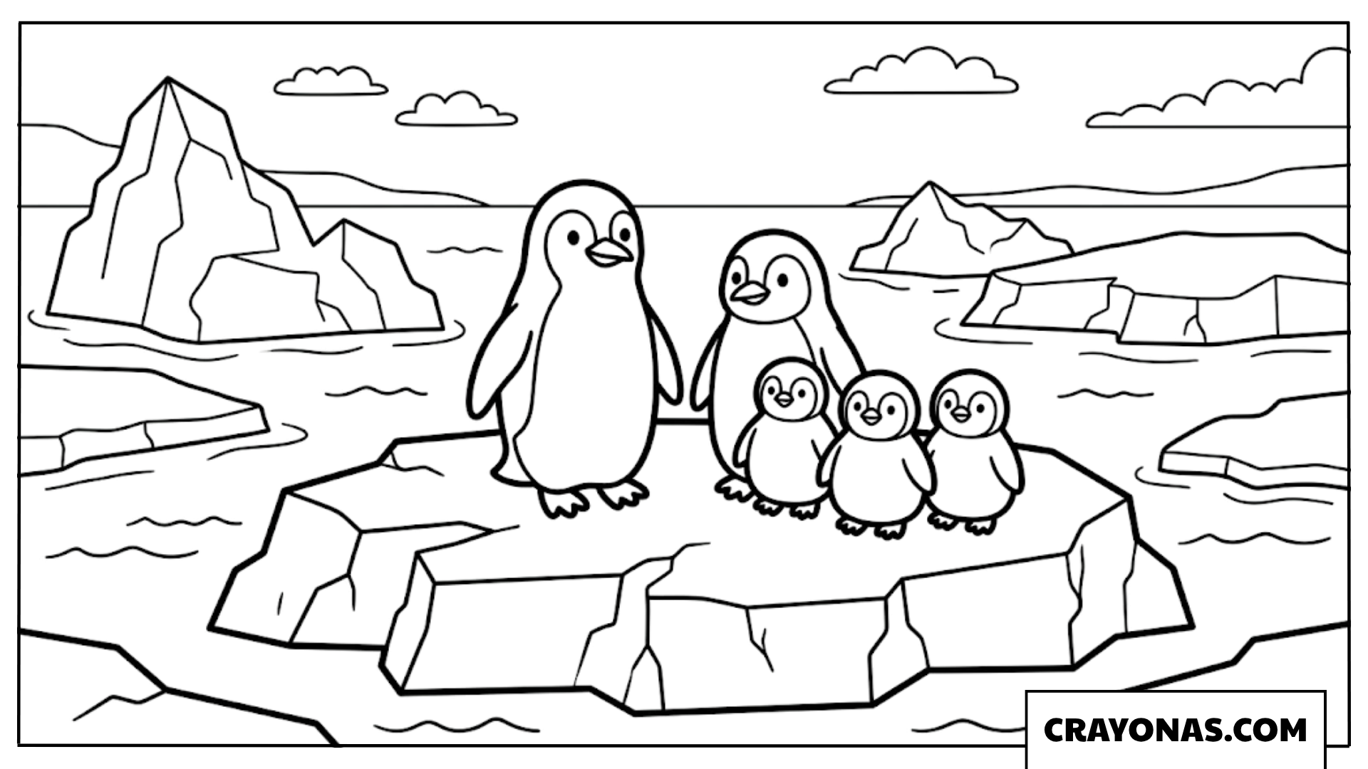 Penguin Family on Iceberg Coloring Page