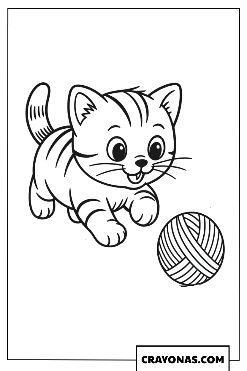 Playful Cat with Yarn Ball Coloring Page