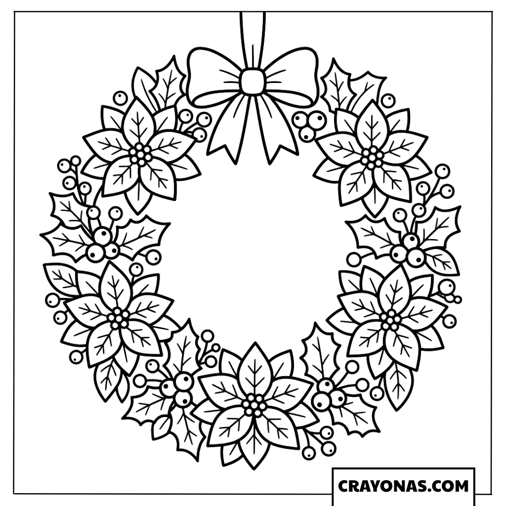 Poinsettia Christmas Wreath Coloring Page