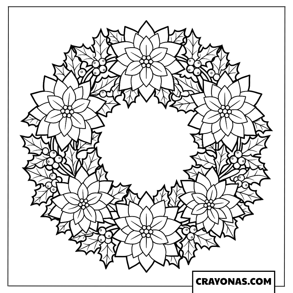 Poinsettia Holly Christmas Wreath Coloring Page