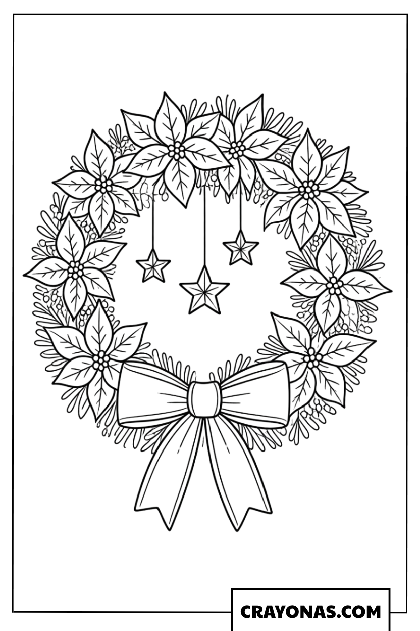 Poinsettia Star Ribbon Christmas Wreath Coloring Page