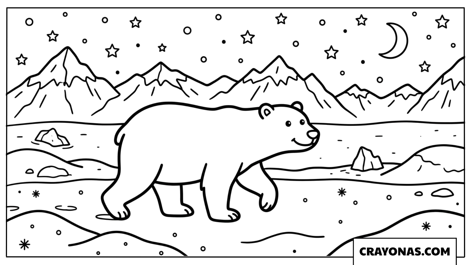 Polar Bear Under Starry Sky Coloring Page