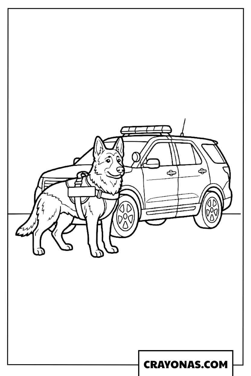 Police Dog with Patrol Car Coloring Page